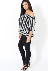 White and Black Bardot Frill Sleeve Top- Becka