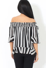White and Black Bardot Frill Sleeve Top- Becka