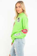 Neon Green Eyes Lips Printed Sweatshirt - Beckie