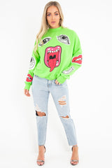 Neon Green Eyes Lips Printed Sweatshirt - Beckie