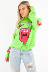 Neon Green Eyes Lips Printed Sweatshirt - Beckie
