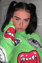 Neon Green Eyes Lips Printed Sweatshirt - Beckie
