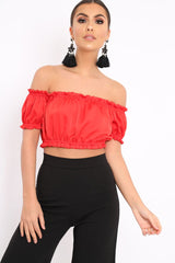 Red Satin Ruched Bardot Gypsy Crop Top - Becky
