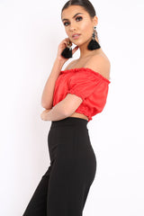 Red Satin Ruched Bardot Gypsy Crop Top - Becky