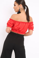 Red Satin Ruched Bardot Gypsy Crop Top - Becky