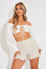 Beige Lightweight Frill Hem Shorts - Elleanora