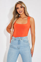 Orange Double Layered Slinky Square Neck Bodysuit - Iriana