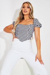 Black Gingham Puff Sleeve Crop Top - Kapri