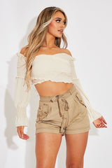 Stone Shirred Wrap Over Bardot Crop Top - Zuri