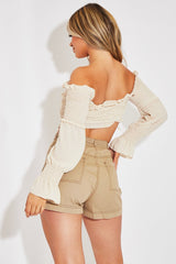 Stone Shirred Wrap Over Bardot Crop Top - Zuri