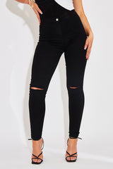 Black Knee Rip Stretch Denim Jeggings - Burnie