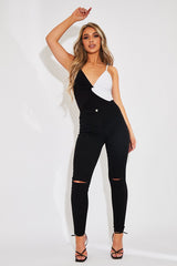 Black White Splice Twist Front Bodysuit - Alayja