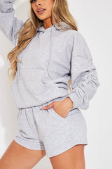 Light Grey Ruched Sleeve Oversized Hoodie - Dezi