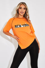 Orange New York Printed Slogan T-shirt - Lellie