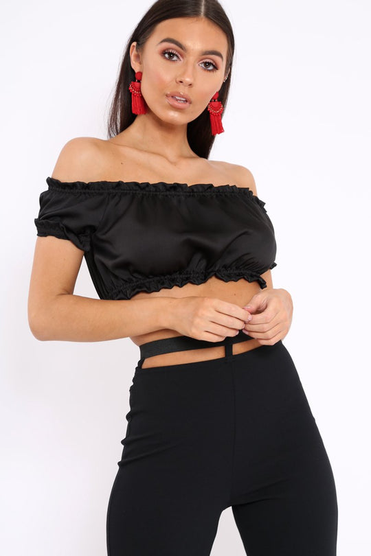 Black Satin Ruched Bardot Gypsy Crop Top - Becky