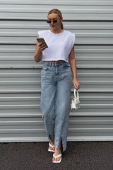 Blue Wash Split Front Straight Jeans - Lilyrose