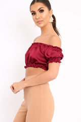 Wine Satin Ruched Bardot Gypsy Crop Top - Becky