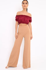 Wine Satin Ruched Bardot Gypsy Crop Top - Becky