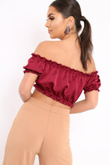 Wine Satin Ruched Bardot Gypsy Crop Top - Becky