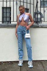 Lilac Satin Bandana Halterneck Crop Top - Charlise