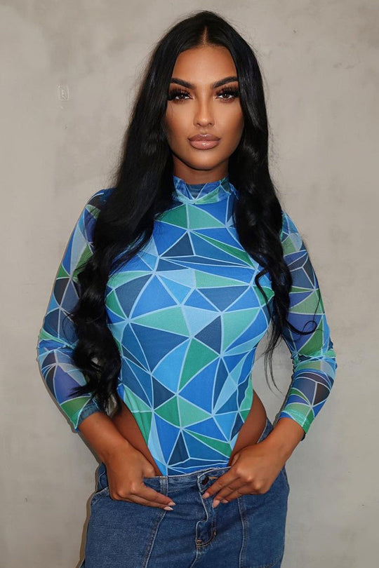Blue Geometric Pattern Mesh Bodysuit - Bee