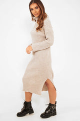 Beige Knitted Roll Neck Jumper Dress - Cecily