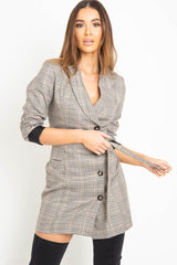 Brown Check Horn Button Belted Blazer Dress - Portlyn