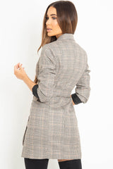 Brown Check Horn Button Belted Blazer Dress - Portlyn