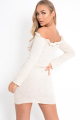 Oatmeal Rib Bardot Button Mini Dress - Dailin