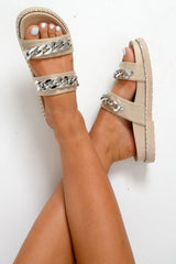 Beige Faux Suede Chain Sliders - Hinsley