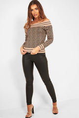 Camel Aztec Print Rib Detail Crop Jumper - Khaila