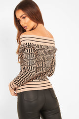 Camel Aztec Print Rib Detail Crop Jumper - Khaila