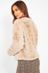 Stone Faux Fur Collarless Bubble Coat - Madyn