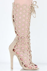 Beige Peep Toe Lace Up Heels - Honey