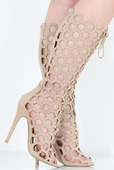 Beige Peep Toe Lace Up Heels - Honey