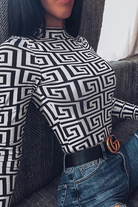 White Aztec Print High Neck Long Sleeve Bodysuit - Bellemy