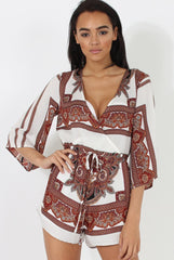White & Brown Pattern Wrap Over Playsuit - Belinda