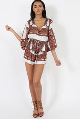 White & Brown Pattern Wrap Over Playsuit - Belinda