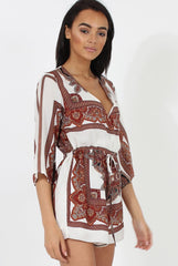 White & Brown Pattern Wrap Over Playsuit - Belinda