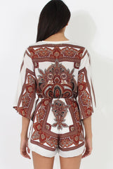 White & Brown Pattern Wrap Over Playsuit - Belinda