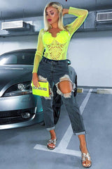 Neon Yellow Dobby Mesh Low Cut Bodysuit - Tamara