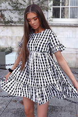 Black White Green Check Tiered Smock Dress - Ossie