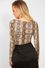 Beige Snake Scoop Neck Long Sleeve Bodysuit - Melody