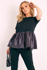 Black Polka Satin Peplum Hem T-shirt - Zyria