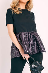 Black Polka Satin Peplum Hem T-shirt - Zyria