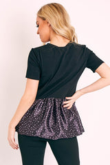 Black Polka Satin Peplum Hem T-shirt - Zyria