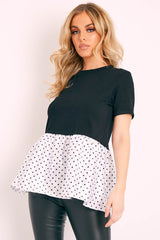 Black White Polka Satin Peplum Hem T-shirt - Zyria