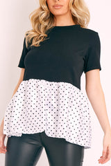 Black White Polka Satin Peplum Hem T-shirt - Zyria