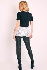 Black White Polka Satin Peplum Hem T-shirt - Zyria
