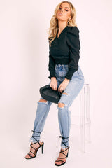 Black Shirred Hem Wrap Crop Top - Symone